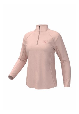 Pullover rosa chiaro a maniche lunghe con colletto a zip a metà, tessuto testurizzato, maniche raglan e un piccolo logo ricamato sul petto.