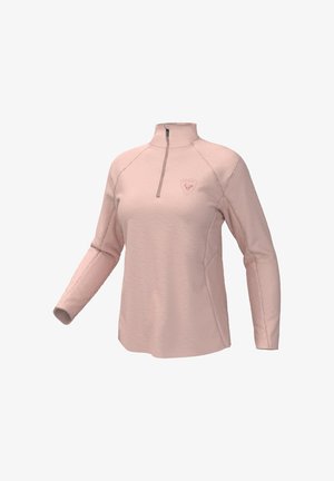 Jasnoróżowy długi rękaw pulower z rozpinanym kołnierzykiem, fakturowana tkanina, raglanowe rękawy oraz małe haftowane logo na piersi.