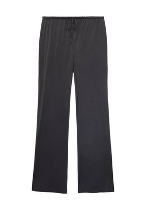 Black, loose-fitting, long pants made of soft fabric, featuring an elastic waistband with a drawstring. Simple, unadorned design.