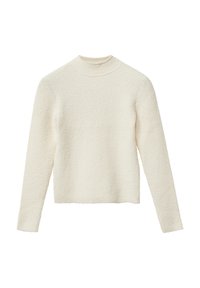 Cremefarbenes langärmeliges strukturiertes Strickoberteil mit Rundhalsausschnitt und geradem Saum.