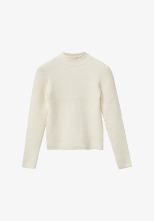 Cremefarbenes langärmeliges strukturiertes Strickoberteil mit Rundhalsausschnitt und geradem Saum.