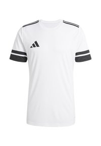 White athletic t-shirt with black accents, striped short sleeves, and a black logo on the chest. Made from lightweight fabric.