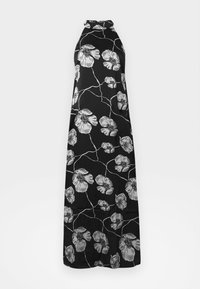 Vestido maxi preto sem mangas com padrão floral branco, apresentando um decote alto e tecido fluido, criando uma silhueta suave.