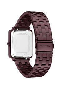 Quadratische Tamaris-Uhr mit einem tief burgunderfarbenen Metallband. Verfügt über ein poliertes Gehäuse aus Edelstahl und ein Glasface. Wasserdicht bis 3ATM.