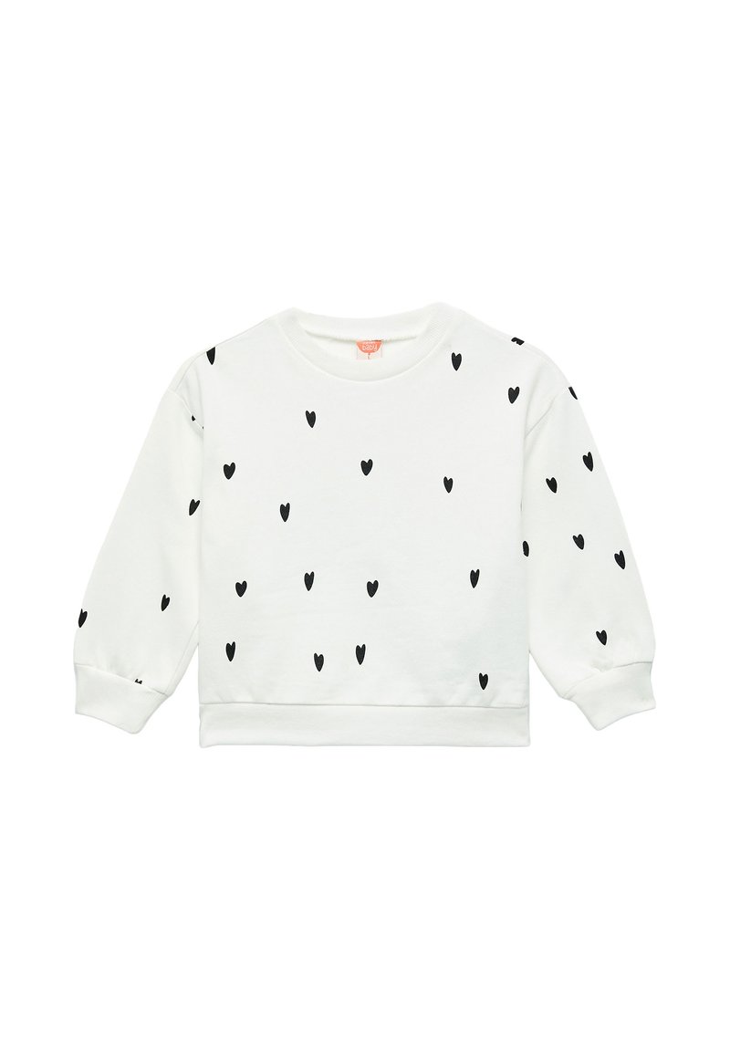 Witte sweatshirt met zwarte hartpatronen, ronde hals, lange mouwen en ribbels aan de manchetten en onderkant. Zachte stof met een relaxte pasvorm.