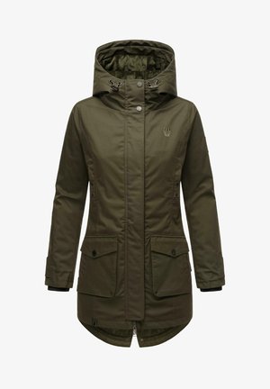 Olijf groene geïsoleerde jas met een capuchon, voorzien van twee voorzakken, een ritssluiting en verstelbare trekkoorden bij de hals.