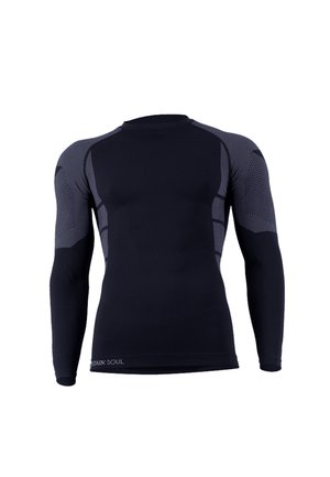 Long-sleeve athletic shirt in navy with grey mesh panels. Form-fitting design, smooth texture, reflective logo at the hem.