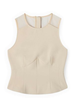 Haut beige sans manches avec encolure ronde, taille ajustée, panneaux transparents aux épaules et fermeture éclair au dos.