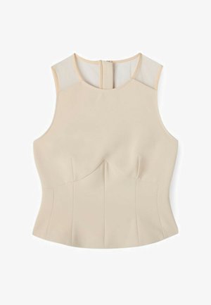 Beżowy top bez rękawów z okrągłym dekoltem, dopasowaną talią, przezroczystymi panelami na ramionach i zamkiem błyskawicznym z tyłu.