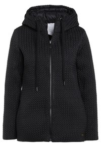 Černá bundová mikina na zip s texturovaným tkaným vzorem, vybavená kapucí, stahovacími šňůrkami a kontrastní hladkou podšívkou.
