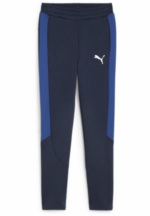 Pantaloni da jogging blu navy con pannello laterale blu a contrasto, vita elastica e logo Puma bianco. Texture liscia con design aderente.