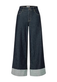 Pantalons larges en denim bleu foncé avec un ourlet effiloché gris, dotés de poches avant et d'une fermeture à bouton.