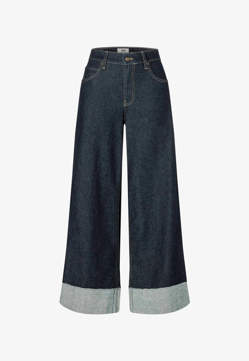 Pantalons larges en denim bleu foncé avec un ourlet effiloché gris, dotés de poches avant et d'une fermeture à bouton.
