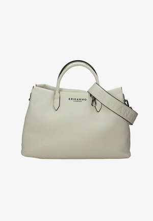 Borsa a mano in pelle crema con doppie maniglie e ampia tracolla, con marchio "ERMANNO" sul davanti e sulla tracolla.