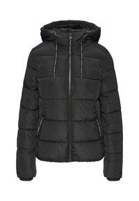 Schwarze gepolsterte Jacke mit durchgehendem Reißverschluss und verstellbarem Kapuze. Mit elastischen Bündchen und seitlichen Reißverschlusstaschen, aus glattem Nylonmaterial gefertigt.