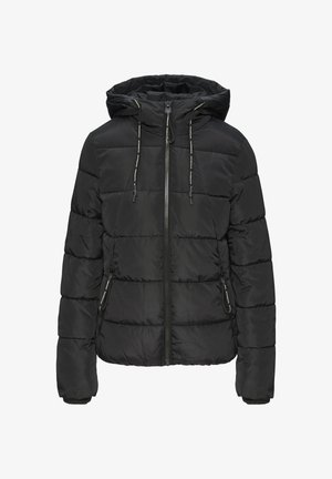 Czarna pikowana kurtka z zamkiem błyskawicznym z przodu i regulowanym kapturem. Posiada elastyczne mankiety oraz zapinane na zamek kieszenie boczne, wykonana z gładkiego nylonu.