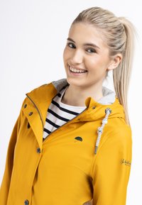 Giacca impermeabile gialla con fodera grigia nel cappuccio, con chiusura a zip, bottoni automatici e un logo a ombrello sul petto. Camicia a righe sotto.