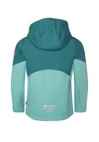 Giacca con cappuccio in acquamarina e verde petrolio. Tessuto morbido e liscio con dettagli riflettenti sul retro. Presenta un design a colori divisi e maniche lunghe.