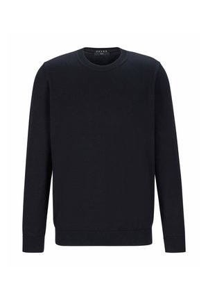 Maglione a girocollo di colore blu navy, realizzato in un tessuto morbido, con maniche lunghe e polsini e orlo a costine per una vestibilità aderente.