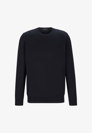 Granatowy sweter z miękkiego materiału, z okrągłym dekoltem, długimi rękawami oraz ściągaczami przy mankietach i dolnym brzegu, zapewniający dopasowany krój.