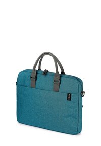 Taschenlaptoptasche aus türkisfarbenem Stoff mit grauen Lederelementen, zwei oberen Griffen, einem Reißverschluss und einer Fronttasche für zusätzlichen Stauraum.