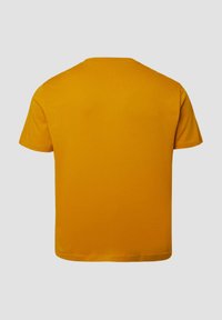 T-shirt met korte mouwen en ronde hals in effen mosterdgeel, gemaakt van katoen met een gladde textuur. Geen zichtbare patronen of afbeeldingen.