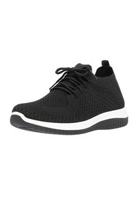  scarpa sportiva nera in maglia con chiusura a lacci, collo imbottito, tomaia testurizzata e suola in gomma bianca. Design leggero e traspirante.