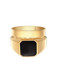 Anello in tono dorato con finitura liscia, caratterizzato da un'inserto in pietra nera ottagonale. Realizzato in metallo, contrassegnato con il marchio 925. Design a doppio band.