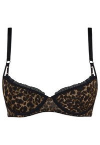 Podprsenka s leopardím vzorem a černými akcenty, s volánkovými okraji, s kosticemi a nastavitelnými ramínky. Vyrobena z jemné, průsvitné tkaniny.