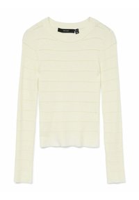 Maglione a maniche lunghe in giallo pallido con strisce verticali e texture a coste. Presenta un collo rotondo e un orlo dritto.