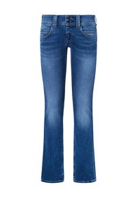 Utslippede blå denimjeans med middels vask, med to frontlommer, knappelukking og synlige sømdetaljer.