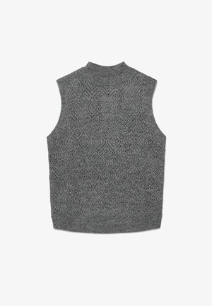 Gilet grigio senza maniche con un motivo a diamante testurizzato, caratterizzato da un colletto alto e una finitura in maglia liscia.