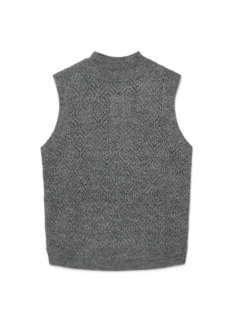 Grauer ärmelloser Pullover mit einem strukturierten Rautenmuster, hohe Kragen und einer glatten Strickoberfläche.