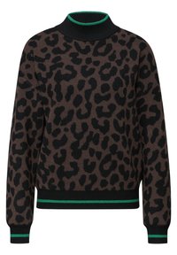 Brązowy sweter z czarnym nadrukiem w cętki lamparta, czarnym prążkowanym kołnierzem oraz zielonymi paskami jako akcent na mankietach i dole. Miękka faktura dzianiny.