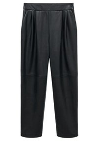 Pantalones de cuero negros de cintura alta, con un diseño plisado y pierna ancha. Textura suave con un panel inferior en contraste.