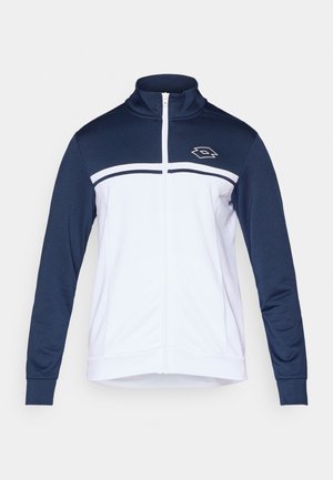 Track jacket in navy and white, featuring a high collar, full zip, and long sleeves. Design includes horizontal stripes and a logo on the chest.