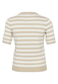 Beige og hvid stribet kortærmet sweater med rund halsudskæring. Blød tekstur, normal pasform og ribbede detaljer ved ærmer og kant.