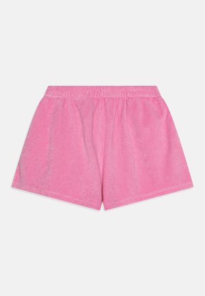 Bermudas de algodão cor de rosa com um cós elástico, apresentando um tecido leve e ligeiramente texturizado, com um corte descontraído.