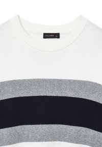 Maglione girocollo con righe orizzontali in bianco, grigio chiaro, grigio scuro e nero, taglia grande, marca Calliope.