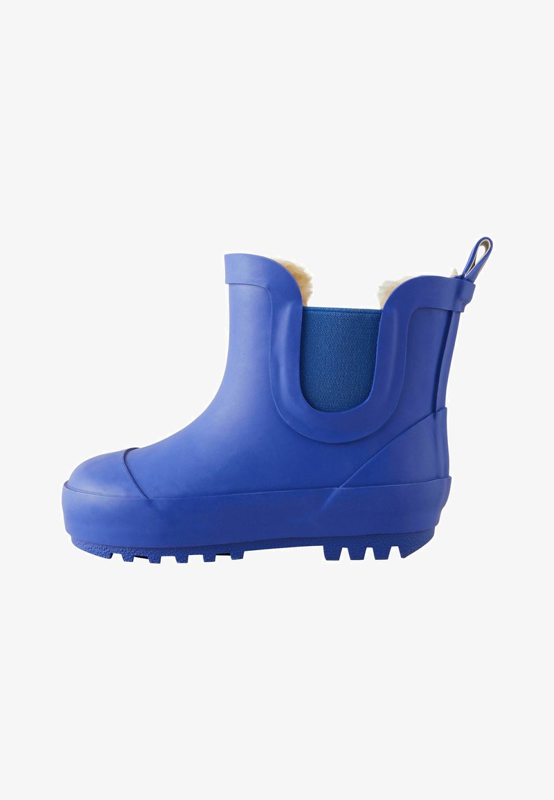 Kék gumis bokacsizma puha szőrme béléssel, texturált oldallal és vastag, mintás talppal a tapadásért. Húzófüllel a könnyű felvétel érdekében.