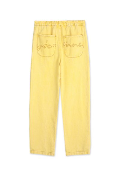 Pantalones de algodón amarillos con cintura elástica, presentan dos bolsillos traseros con un diseño bordado de "bobo". Corte de pierna recta, textura suave.