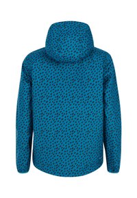 Šviesiai mėlyna gobtuvinė striukė su struktūriniu juodų formų raštu, su ilgomis rankovėmis ir apvaliu apvadu.