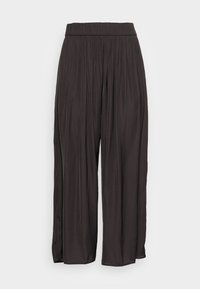 Sorte vide bukser med et højt elastisk taljebånd og blødt, plisseret stof. Teksturen er glat og velegnet til afslappet eller uformelt brug.