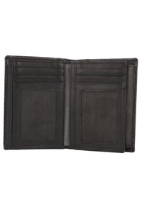 Black leather wallet with smooth texture, featuring multiple card slots and two ID windows. Simple design with no additional patterns or accents.