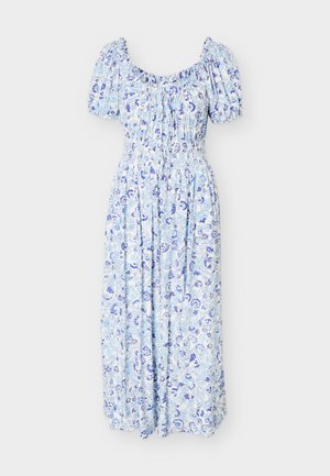 Μπλε και λευκό φόρεμα μίντι με φλοράλ σχέδιο, φουσκωτά μανίκια, ελαστικό λαιμόκοψη και εφαρμοστό στη μέση.