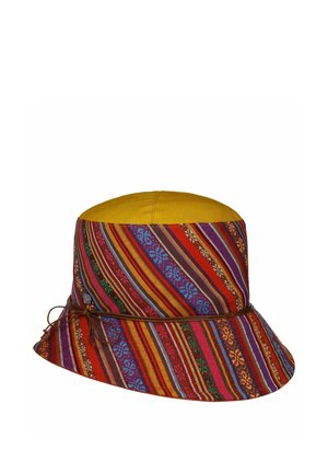 Bucket hat with yellow crown and multicolored striped brim featuring floral patterns, accented with brown string tied in a bow.