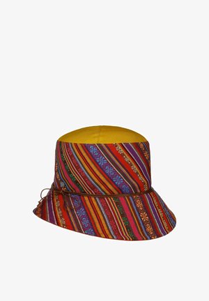 Bucket hat with yellow crown and multicolored striped brim featuring floral patterns, accented with brown string tied in a bow.