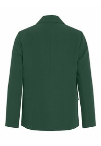 Veste vert foncé sur mesure vue de dos, avec manches longues et col classique, sur fond blanc.