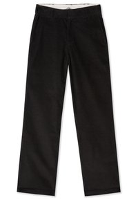 Pantalones de pana negros con un diseño de pierna recta, que cuentan con una superficie texturizada, trabillas para cinturón y bolsillos laterales.