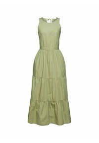Robe maxi en coton vert clair avec un col rond, sans manches et un bas à volants superposés. Dotée d'un détail noué à l'arrière.
